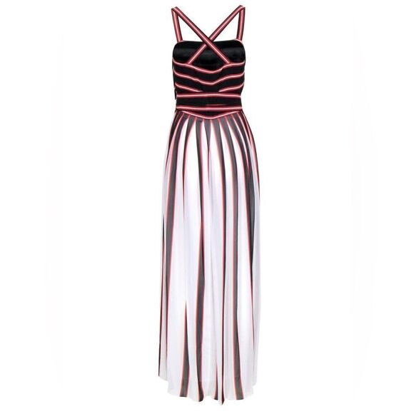 W by Worth Black White Red Vertical Flowy Stripe Maxi Tank Statement Dress - Picture 2 of 16